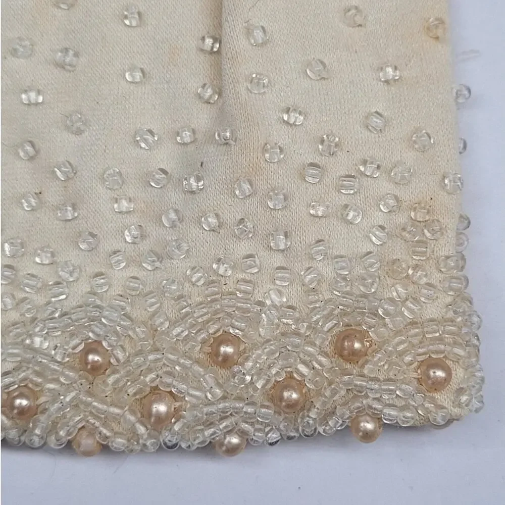 Vintage‎ 50s Cream Beaded Coat-Length Gloves Glam Formal Coquette Vintage Luxe